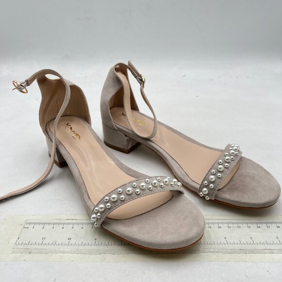 XYD Nude Pearls Open Toe Strappy Low Block Heel Sandal Ankle Strap with Buckle - Picture 4 of 8